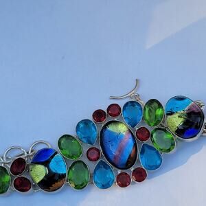 Vintage rainbow glass bracelet multicolor jewel tone artisan statement